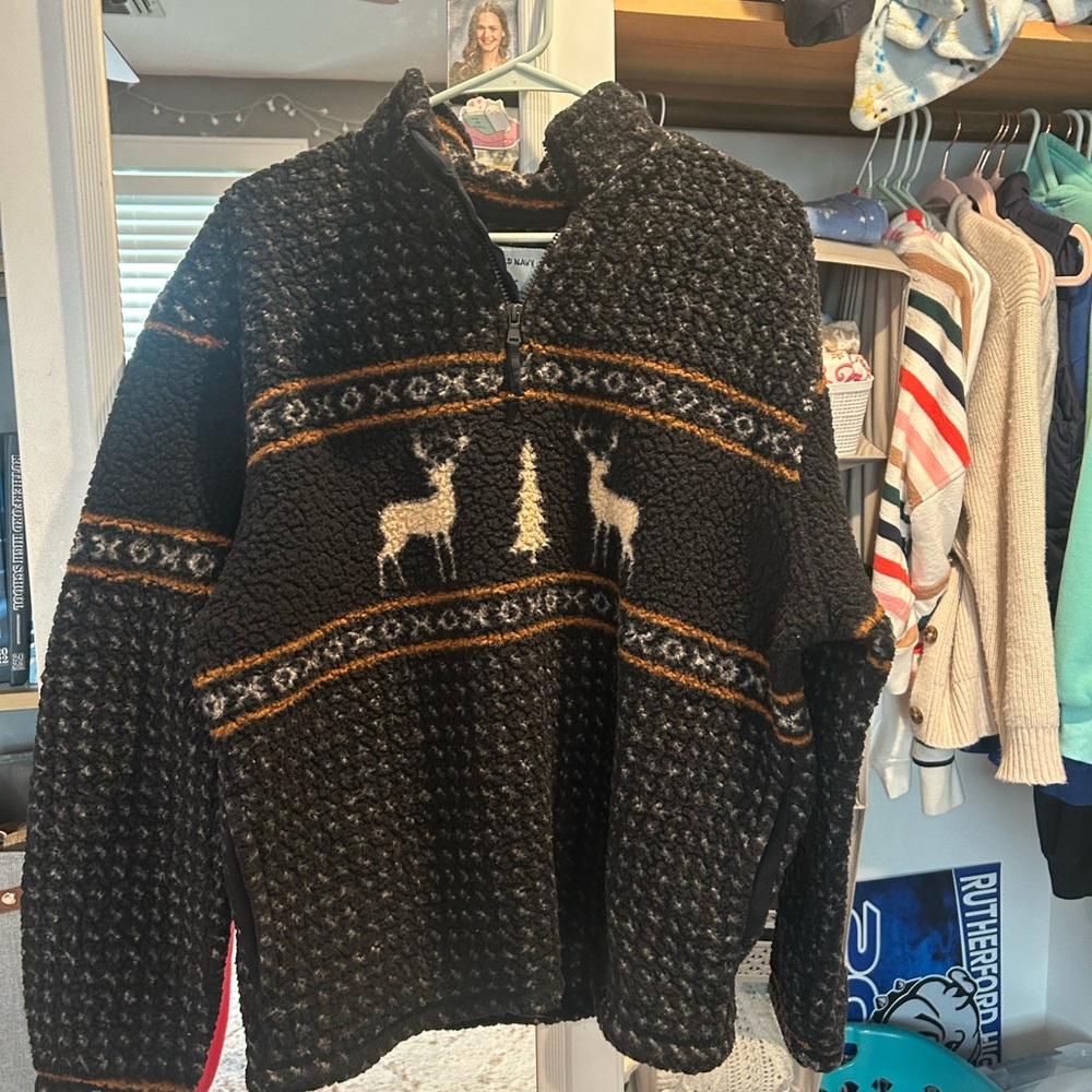 Old Navy Black and Brown Quarter Zip Sweater with Deer Pattern